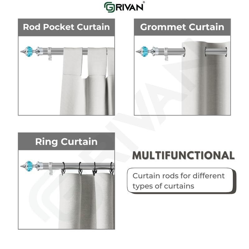 GRIVAN Stainless Steel 1 Inch Curtain RodPipe Blue Diamond Curtain KnobFinials and Curtain SupportBracket For WindowDoor Curtain Holder Set 81 Inch - Image 4