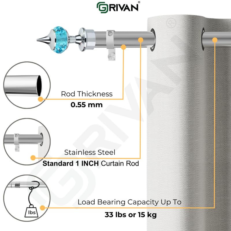 GRIVAN Stainless Steel 1 Inch Curtain RodPipe Blue Diamond Curtain KnobFinials and Curtain SupportBracket For WindowDoor Curtain Holder Set 81 Inch - Image 3