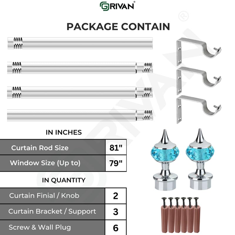 GRIVAN Stainless Steel 1 Inch Curtain RodPipe Blue Diamond Curtain KnobFinials and Curtain SupportBracket For WindowDoor Curtain Holder Set 81 Inch - Image 5