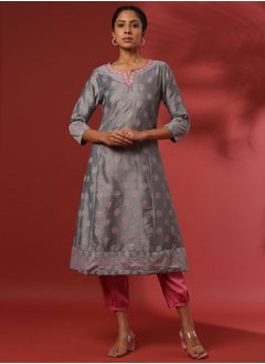 A-Line printed kurta with emnbroidered neckline- grey - pzsku/Z4935CCC3169EBBC29F94Z/45/_/1740145247/f1e03c4b-5f94-483f-9cbf-310863bf290e