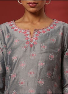 A-Line printed kurta with emnbroidered neckline- grey - pzsku/Z4935CCC3169EBBC29F94Z/45/_/1740145267/33ad78e5-f4bc-4946-a543-4a4d148d854e