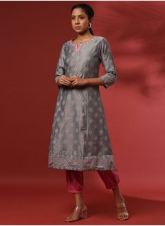 A-Line printed kurta with emnbroidered neckline- grey - pzsku/Z4935CCC3169EBBC29F94Z/45/_/1740145288/ace7a41e-d727-4cb6-ac45-4aacdd283234