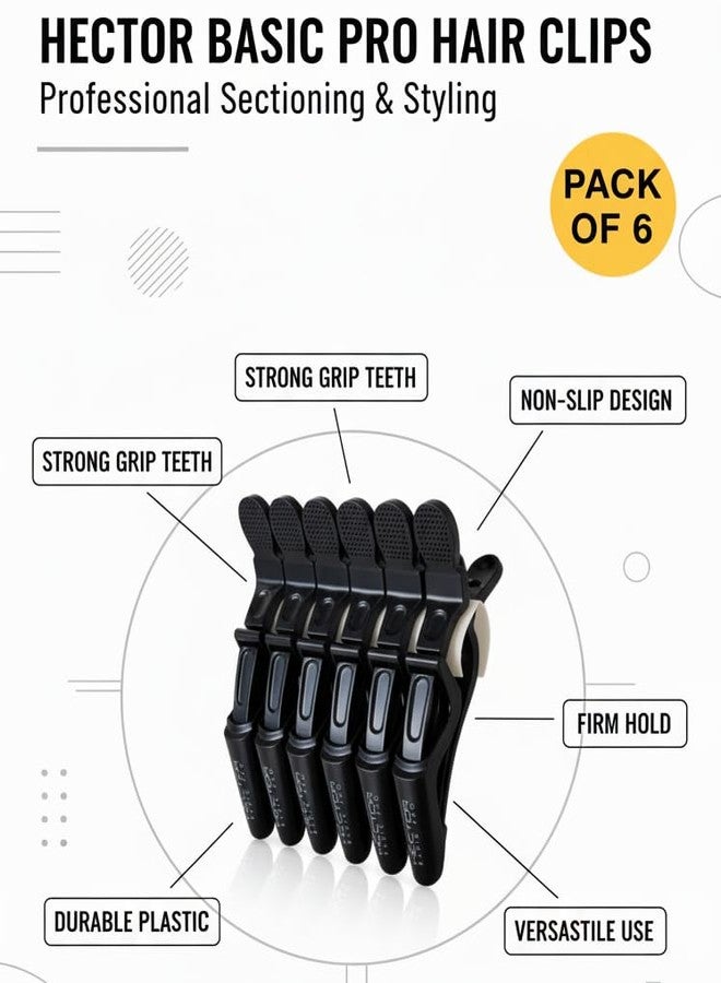 HECTOR Basic Pro Professional Hair Sectioning Clips - Black, Pack of 6 | Strong Grip Non-Slip Alligator Clips for Salon & Home Styling - Image 3