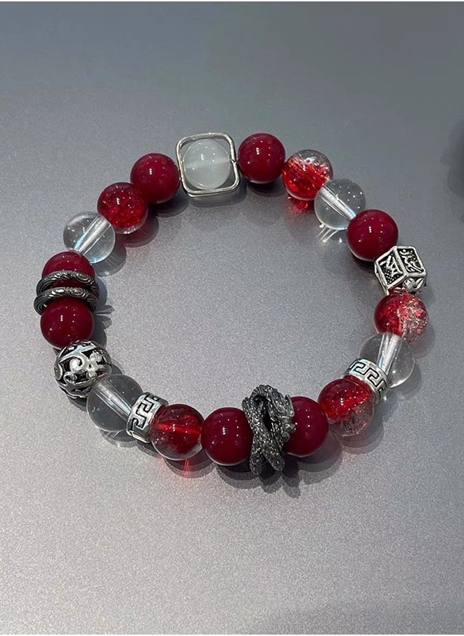 Generic Red and White Transparent Glass Bead Bracelet with Dragon Pendant – Fashionable Handmade Glass Craft, Multi-Color Design, High-End Thin Ring Style Suitable for Both Men and Women, Attractive Appearance.  - Image 1