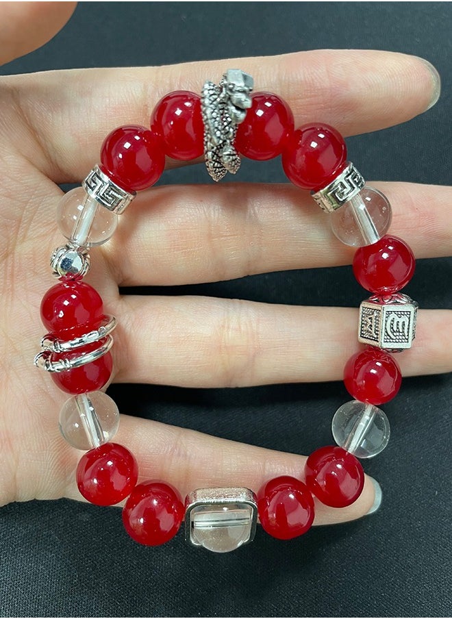 Generic Red and White Transparent Glass Bead Bracelet with Dragon Pendant – Fashionable Handmade Glass Craft, Multi-Color Design, High-End Thin Ring Style Suitable for Both Men and Women, Attractive Appearance.  - Image 3