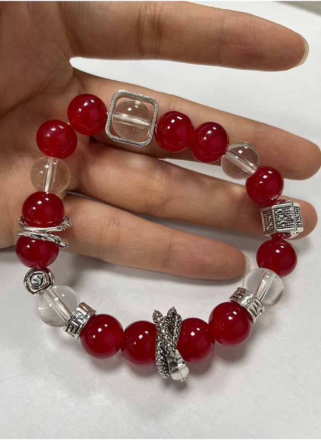 Generic Red and White Transparent Glass Bead Bracelet with Dragon Pendant – Fashionable Handmade Glass Craft, Multi-Color Design, High-End Thin Ring Style Suitable for Both Men and Women, Attractive Appearance.  - Image 4