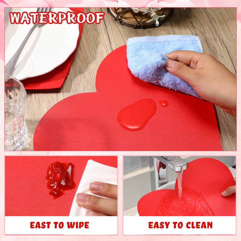 Remerry Leather Heart Placemats Set of 6 Red Heart Shaped Place Mats Waterproof Washable Table Kitchen Mats for Kitchen Dining Decor(Classic,Red,11.81 x 10.24'') - Image 4