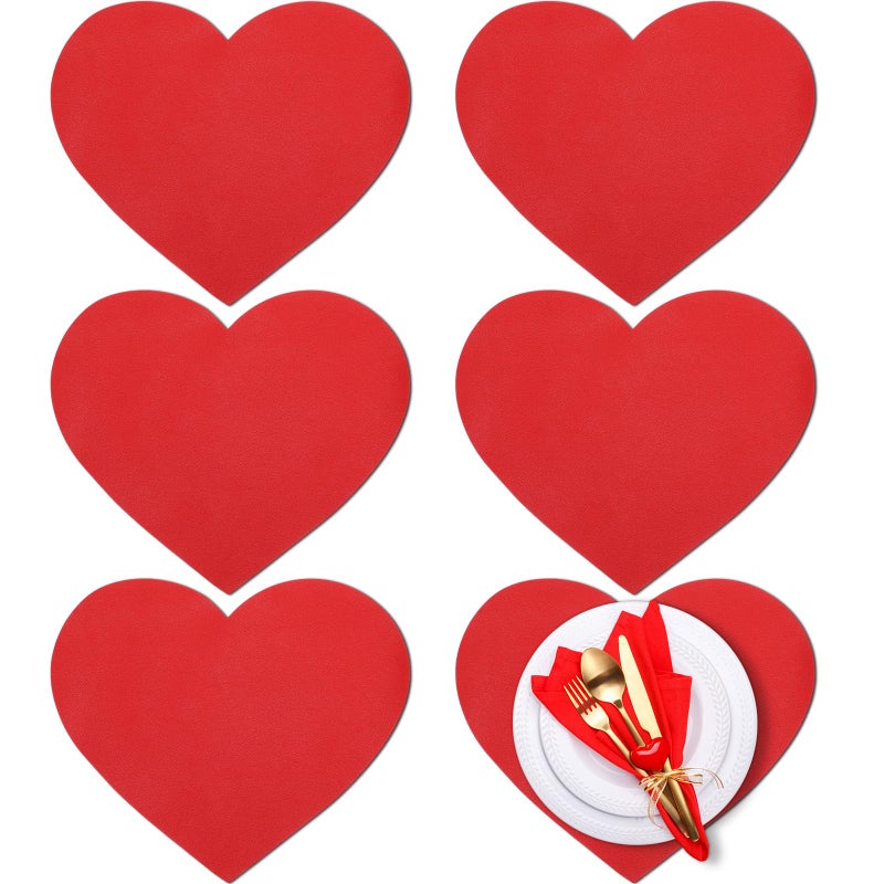 Remerry Leather Heart Placemats Set of 6 Red Heart Shaped Place Mats Waterproof Washable Table Kitchen Mats for Kitchen Dining Decor(Classic,Red,11.81 x 10.24'') - Image 1