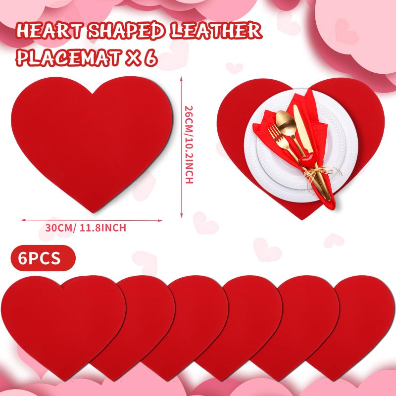 Remerry Leather Heart Placemats Set of 6 Red Heart Shaped Place Mats Waterproof Washable Table Kitchen Mats for Kitchen Dining Decor(Classic,Red,11.81 x 10.24'') - Image 2