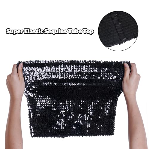 SUMERSHA Womens Sparkly Sequin Crop Tops Strapless Sequins Tube Tops Party Clubwear (Black) - Image 3