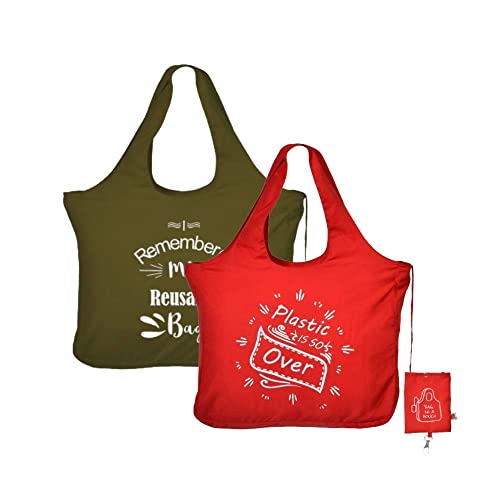 IVILLAGE Unisex Foldable Reusable Tote Bags for Shopping & Daily Essentials Handbag, Stylish Designer Totes & Shopper Hand Bag, Compact, Lightweight, & Eco-Friendly with 12Kg Capacity - Green & Red - Image 1