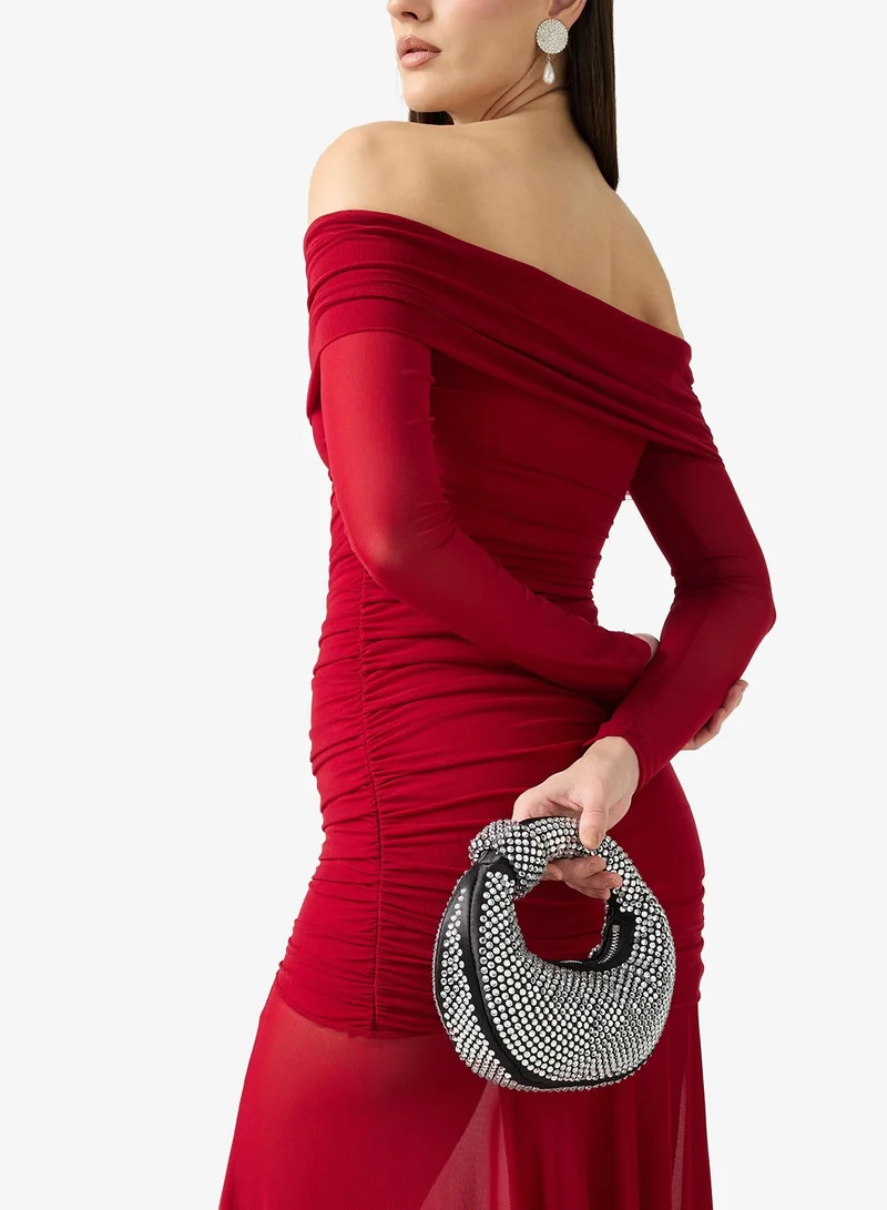 Silver Rhinestone Detailed Sparkly Metallic Handle Bag