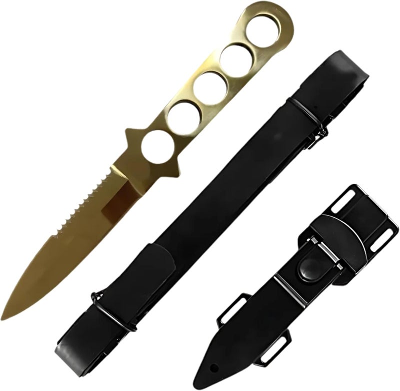 Diving Knife, 9-Inch Overall, 4.25-Inch Mirror Polish Blade, Stainless Steel Handle Leg Strap (Gold)