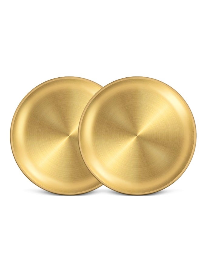 Reusable 304 Stainless Steel Plates, 10 Inch Metal Round Dinner Dishes Set, Large Reusable Gold Tray,Gold Dessert Salad Plates,Breakfast Serving Plates for Kitchen Home Camping Outdoor Party, 2 Pack