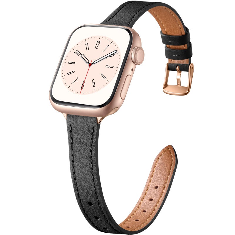 Charlam Slim Leather Band Compatible with Apple Watch Band 40mm 38mm 41mm 42mm 44mm 45mm 46mm Women, Top Grain Genuine Leather Strap Thin Wristband for iWatch Series 11 10 9 8 7 6 5 4 3 2 1 SE,Black - Image 1
