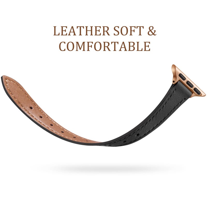 Charlam Slim Leather Band Compatible with Apple Watch Band 40mm 38mm 41mm 42mm 44mm 45mm 46mm Women, Top Grain Genuine Leather Strap Thin Wristband for iWatch Series 11 10 9 8 7 6 5 4 3 2 1 SE,Black - Image 3