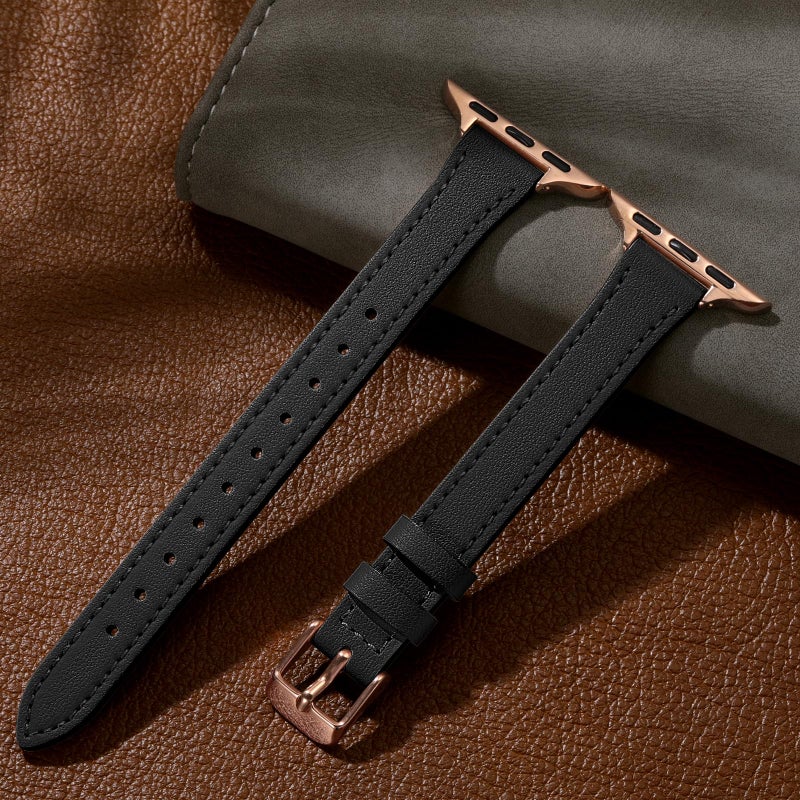 Charlam Slim Leather Band Compatible with Apple Watch Band 40mm 38mm 41mm 42mm 44mm 45mm 46mm Women, Top Grain Genuine Leather Strap Thin Wristband for iWatch Series 11 10 9 8 7 6 5 4 3 2 1 SE,Black - Image 5