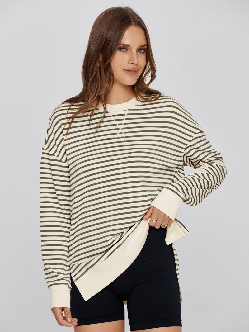 Glamaker Women's Striped Long Sleeve Crewneck Sweatshirt Air Essentials Soft Loose Pullover Sweatshirts Army Green XL - Image 4