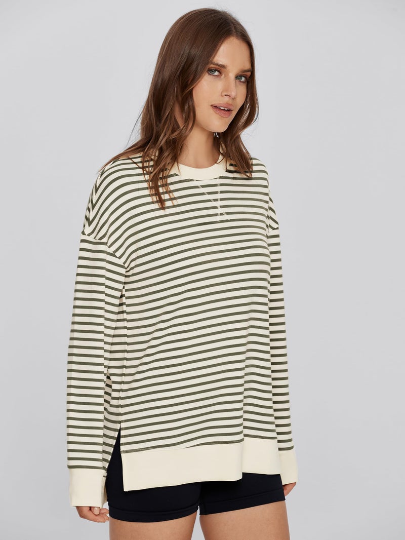 Glamaker Women's Striped Long Sleeve Crewneck Sweatshirt Air Essentials Soft Loose Pullover Sweatshirts Army Green XL - Image 3