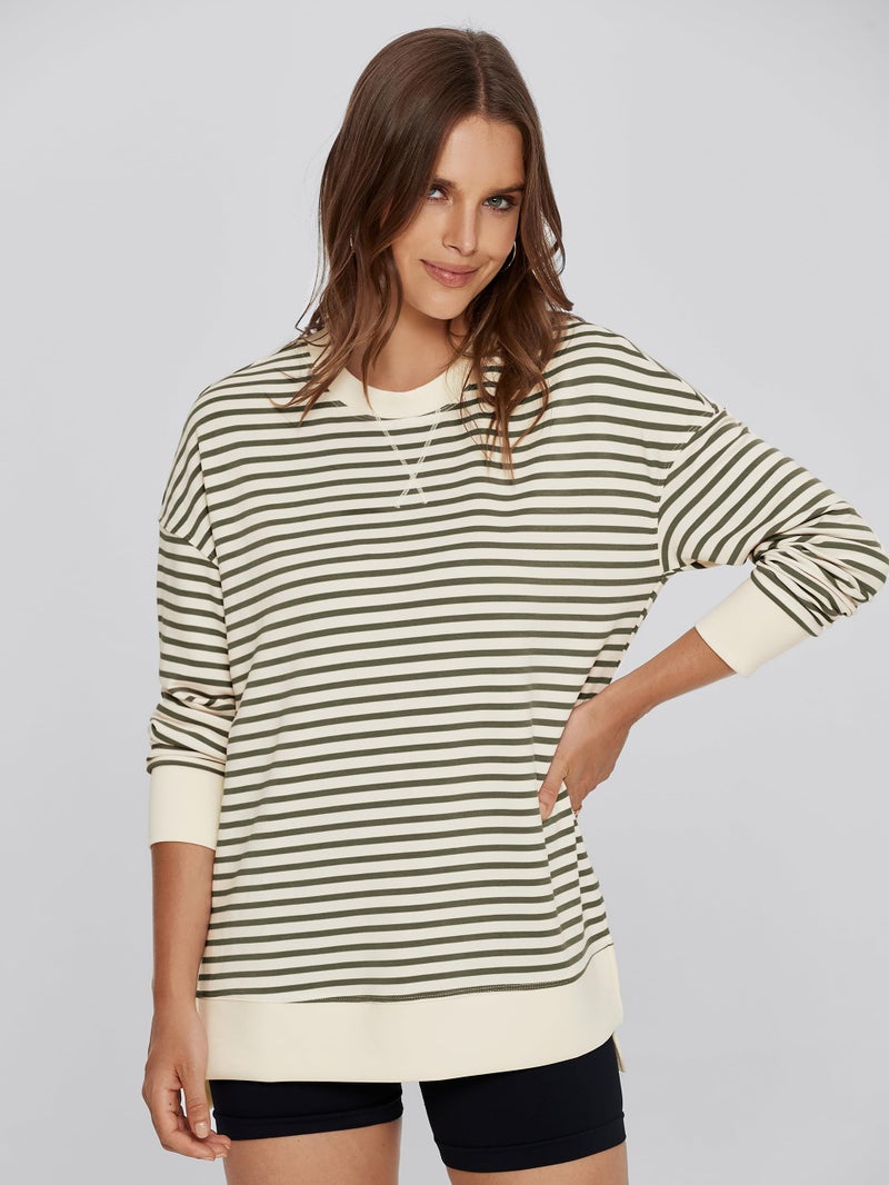 Glamaker Women's Striped Long Sleeve Crewneck Sweatshirt Air Essentials Soft Loose Pullover Sweatshirts Army Green XL - Image 2