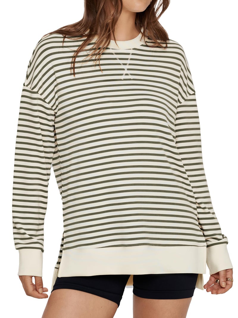 Glamaker Women's Striped Long Sleeve Crewneck Sweatshirt Air Essentials Soft Loose Pullover Sweatshirts Army Green XL - Image 1