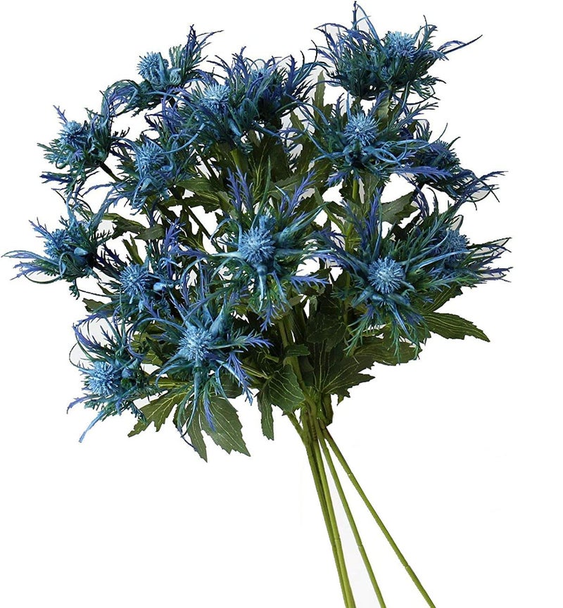 TBUY ROSE 5 Pack Silk Artificial Thistle Flowers Eryngiums Faux Plants for Garden Wedding Prom Party Bouquet Floral Arrangement Blue