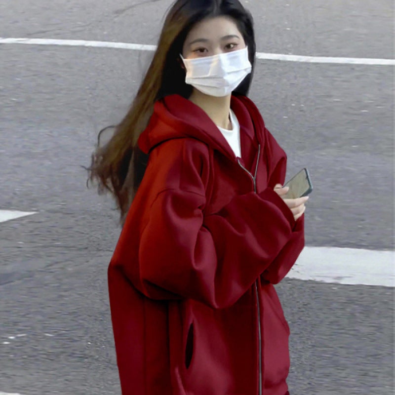 fleece-lined Sweatshirt Cardigan Ins Super Fire Sweatshirt Spring and Autumn Hooded Thin Coat fleece-lined Thickened Loose Top Burgundy thin section