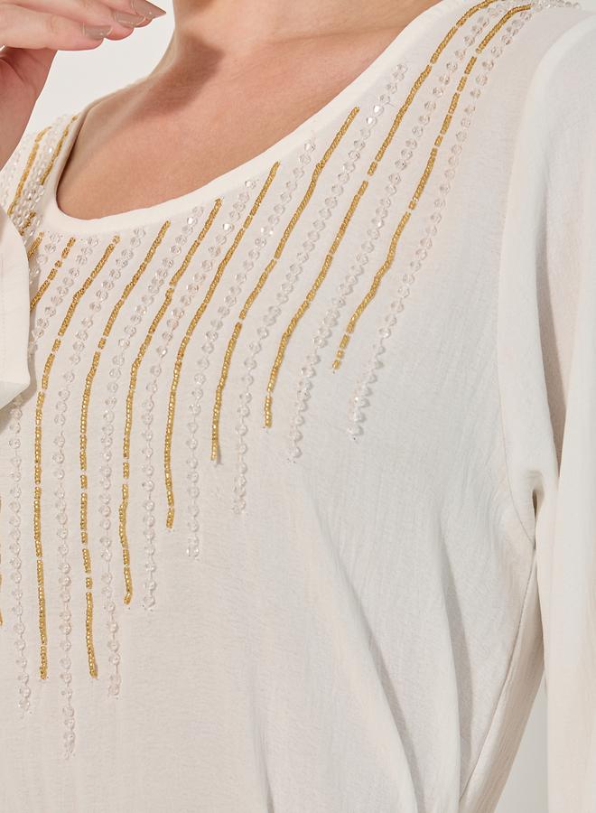 ستايلي جلابية مستديرة الرقبة مزينة بتصميم - - Image 4