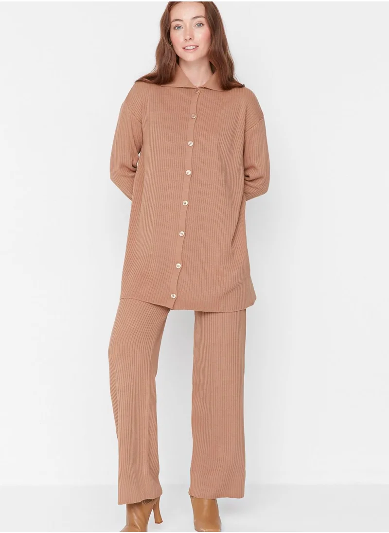 trendyol Ribbed Button Detail Top & Pants Set