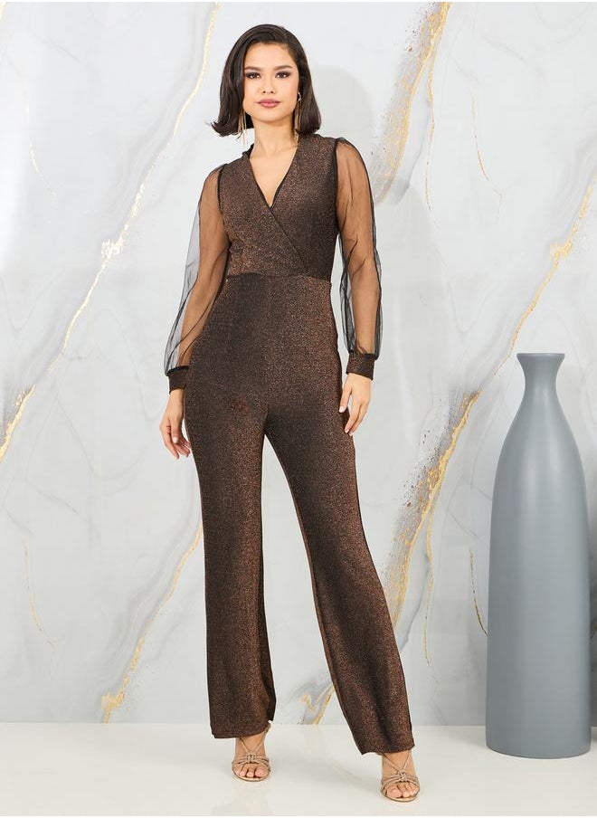 Styli Sheer Long Sleeves Shimmer Knit Straight Leg Jumpsuit  - Image 1