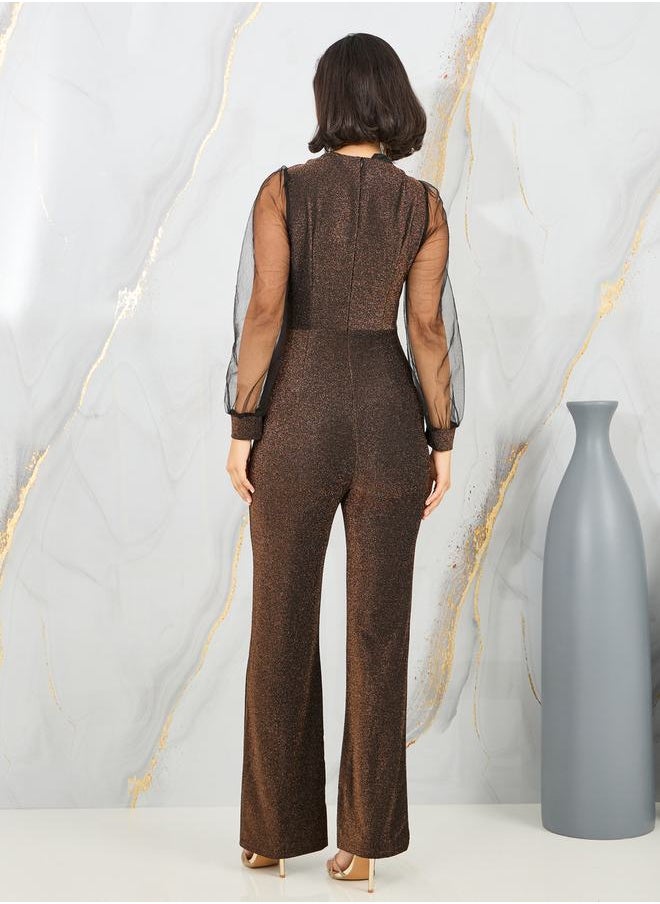 Styli Sheer Long Sleeves Shimmer Knit Straight Leg Jumpsuit  - Image 4