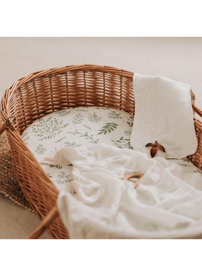 2 Pack Muslin Bassinet Fitted Sheets, Soft Breathable 100% Cotton Mattress Sheets, Universal Fit for Hourglass Oval Rectangle Bassinets (Natural Leaves Pattern) - Image 1