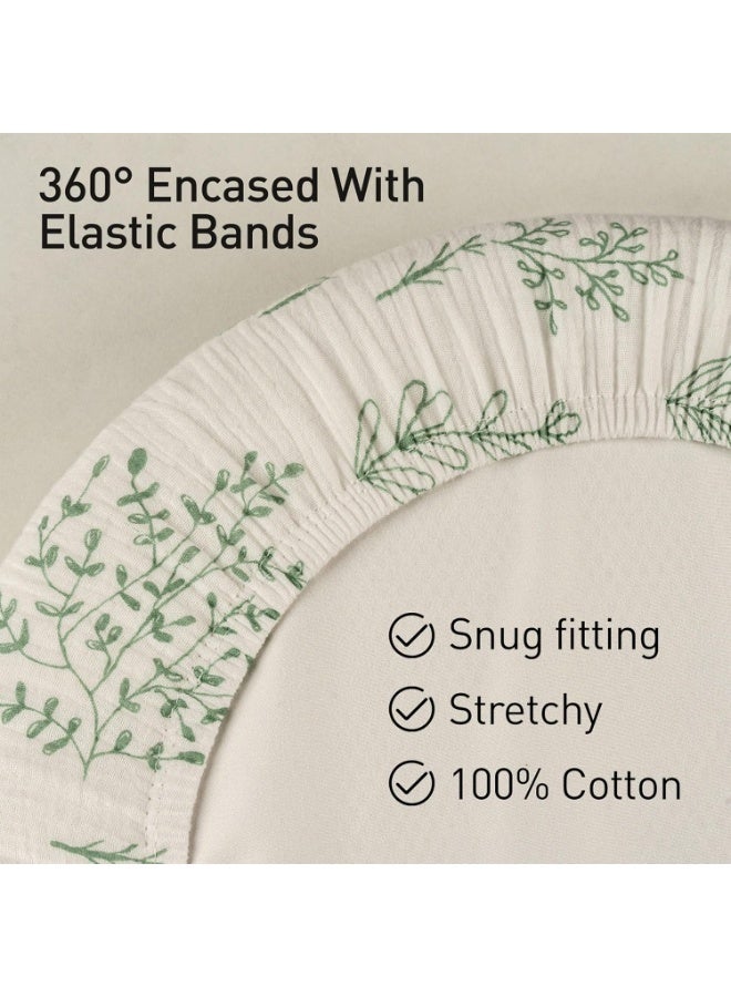 2 Pack Muslin Bassinet Fitted Sheets, Soft Breathable 100% Cotton Mattress Sheets, Universal Fit for Hourglass Oval Rectangle Bassinets (Natural Leaves Pattern) - Image 5
