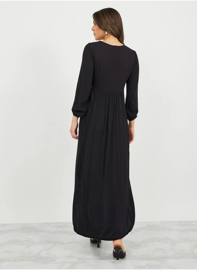 ستايلي Textured Embroidered V-Neck A-Line Jalabyia with Coins Tassel Detail