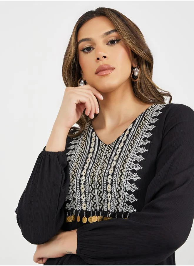 ستايلي Textured Embroidered V-Neck A-Line Jalabyia with Coins Tassel Detail