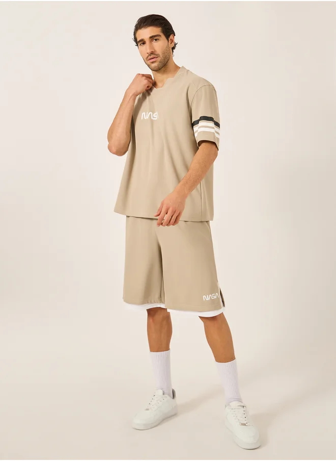 ستايلي Styli Nasa Print Oversized Fit T-Shirt with Contrast Stripe Detail