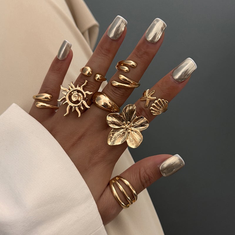 SHIXIN European and American Cross-Border Accessories: Holiday Style Starfish & Scallop Open Ring Set with Glossy Alloy Flowers - Image 3