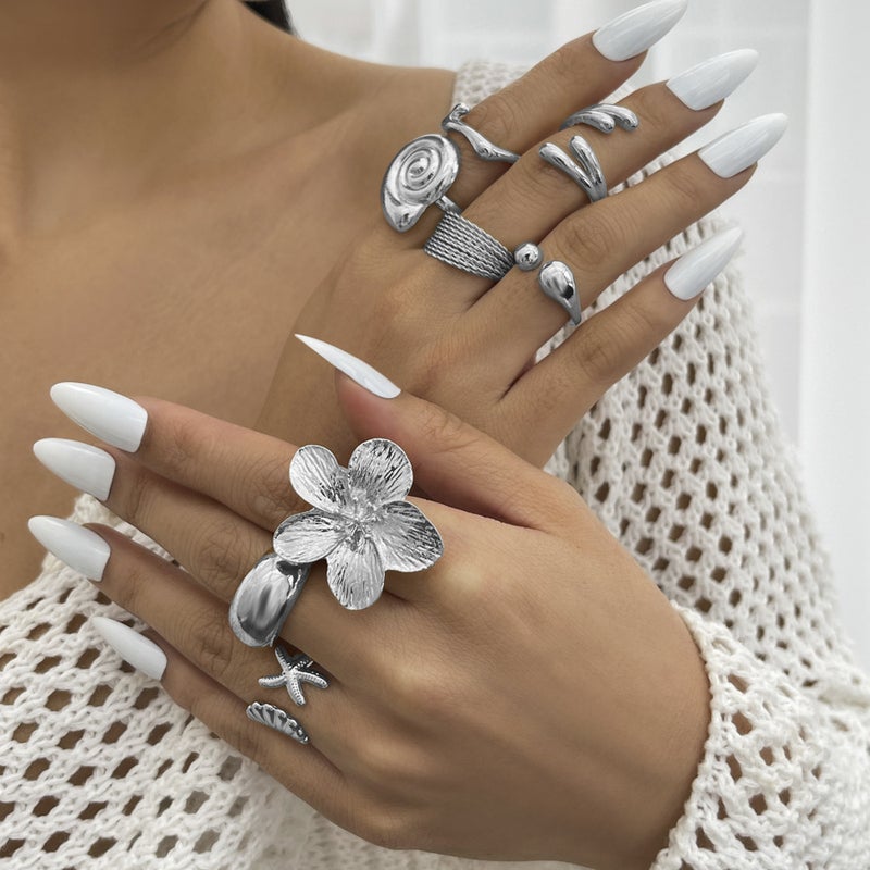 SHIXIN European and American Cross-Border Accessories: Holiday Style Starfish & Scallop Open Ring Set with Glossy Alloy Flowers - Image 4