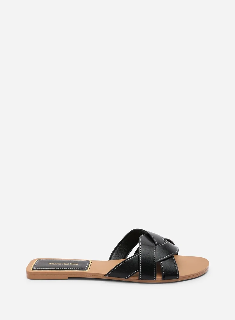 Where's That From Elvira Braided Black Slide on Sandals with contrast stitching