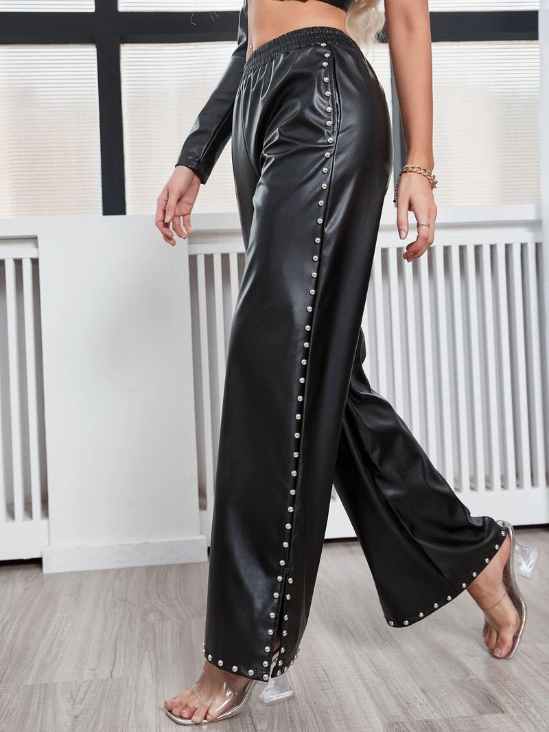 LifeShe Women Faux Leather Pants PU High Waist Straight Wide Leg Studded Pants with Pockets Black - Image 3