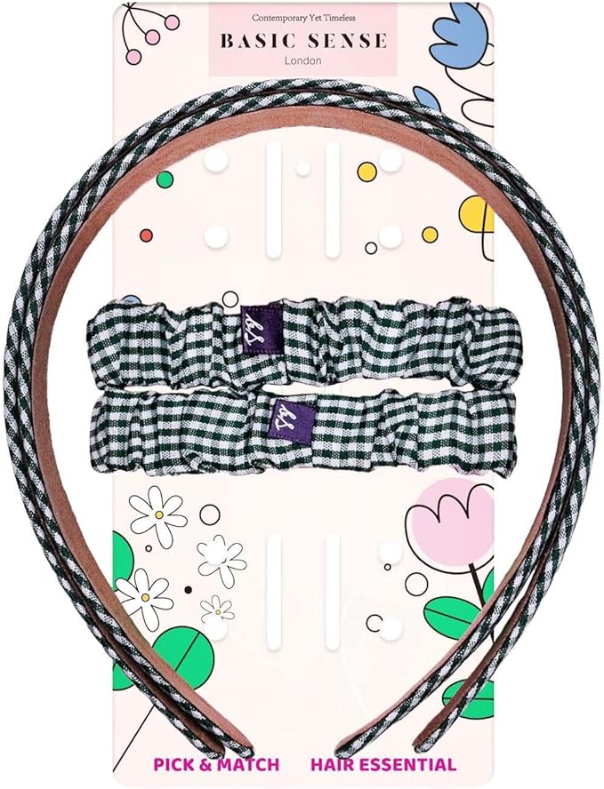 Basic Sense Girls Gingham Check Hair Accessory Set 2 Headbands 2 Scrunchies for School Uniform Wear Red