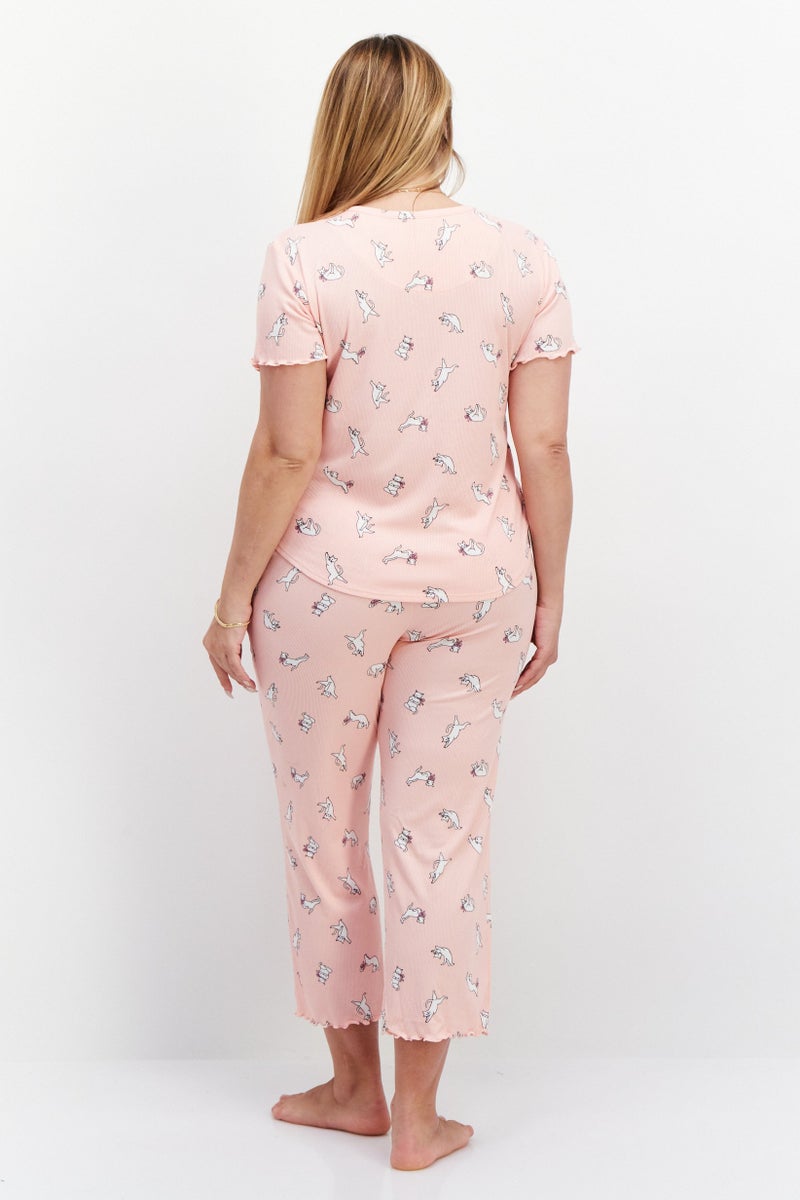 PJ Couture Women 2 Piece Allover Print Top And Bottom Set, Pink Combo - Image 3