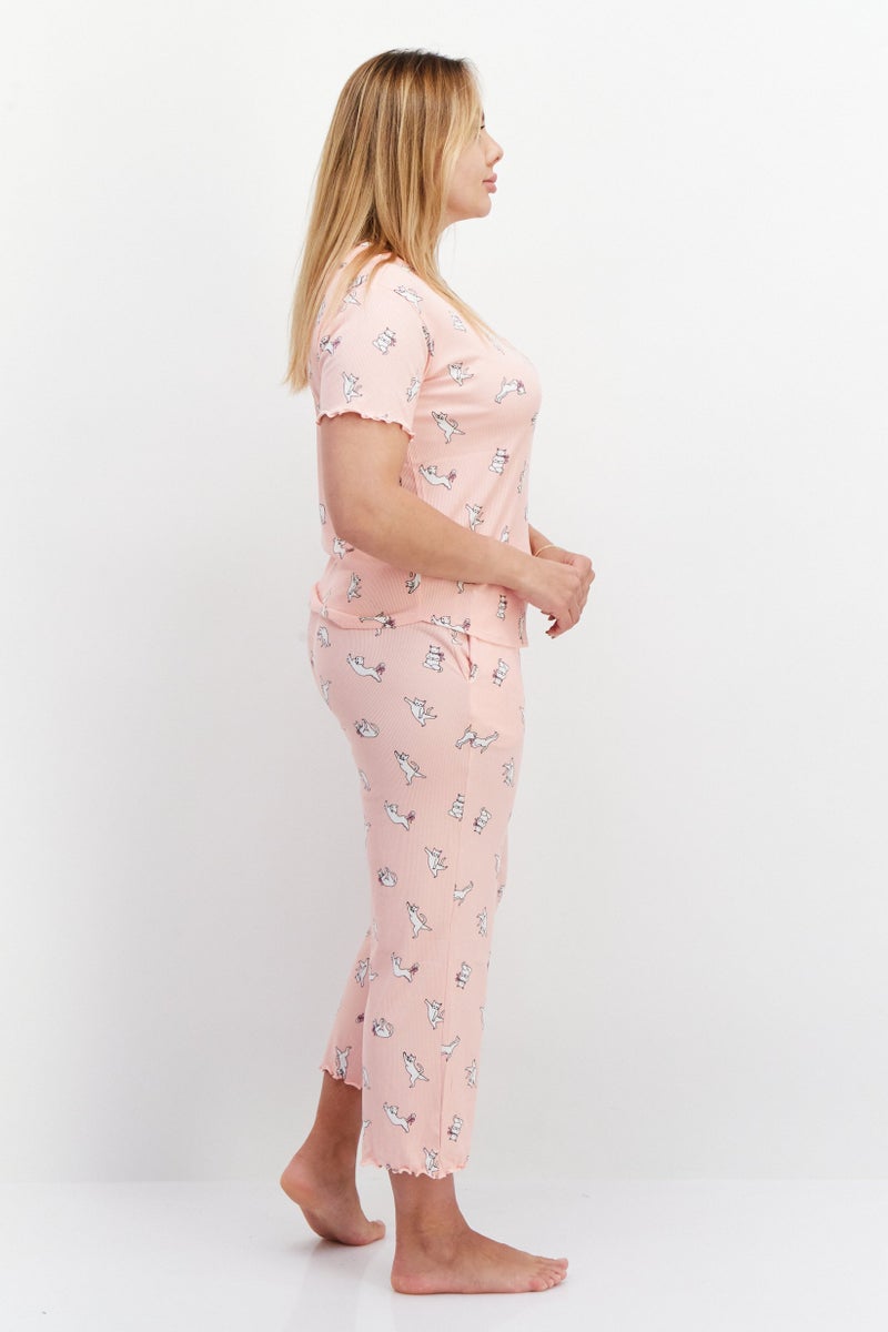 PJ Couture Women 2 Piece Allover Print Top And Bottom Set, Pink Combo - Image 2