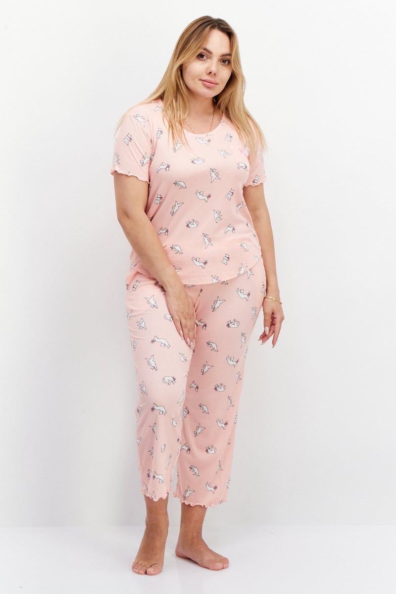 PJ Couture Women 2 Piece Allover Print Top And Bottom Set, Pink Combo - Image 1