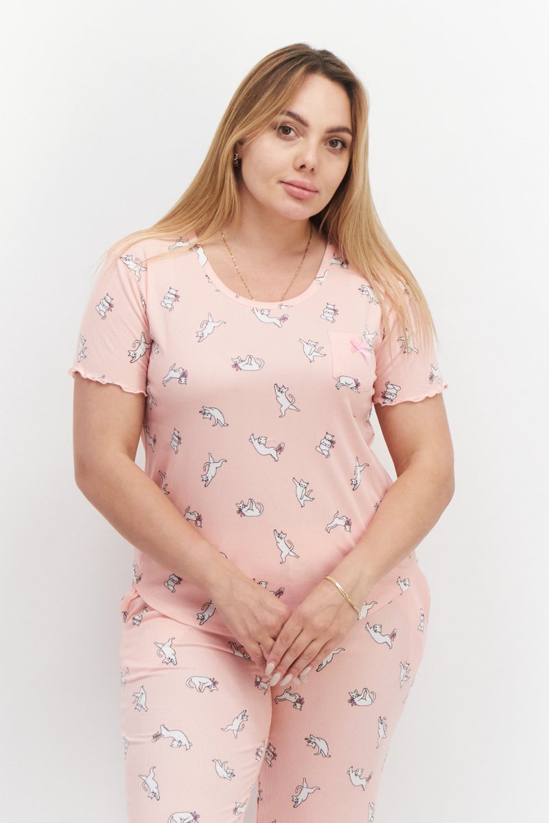 PJ Couture Women 2 Piece Allover Print Top And Bottom Set, Pink Combo - Image 4