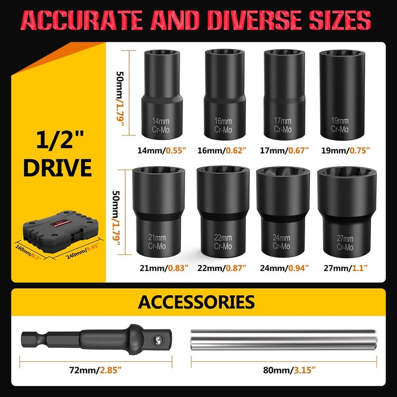 Eapele Bolt Extractor Set, 10 Piece Lug Nut Remover Socket Tool, 1/2" Drive Impact Wheel Lock Removal Kit for Removing Damaged, Frozen, Rusted, Rounded-Off Bolts, Lug Nuts & Screws - Image 3