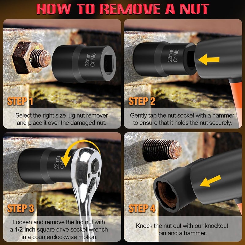 Eapele Bolt Extractor Set, 10 Piece Lug Nut Remover Socket Tool, 1/2" Drive Impact Wheel Lock Removal Kit for Removing Damaged, Frozen, Rusted, Rounded-Off Bolts, Lug Nuts & Screws - Image 5