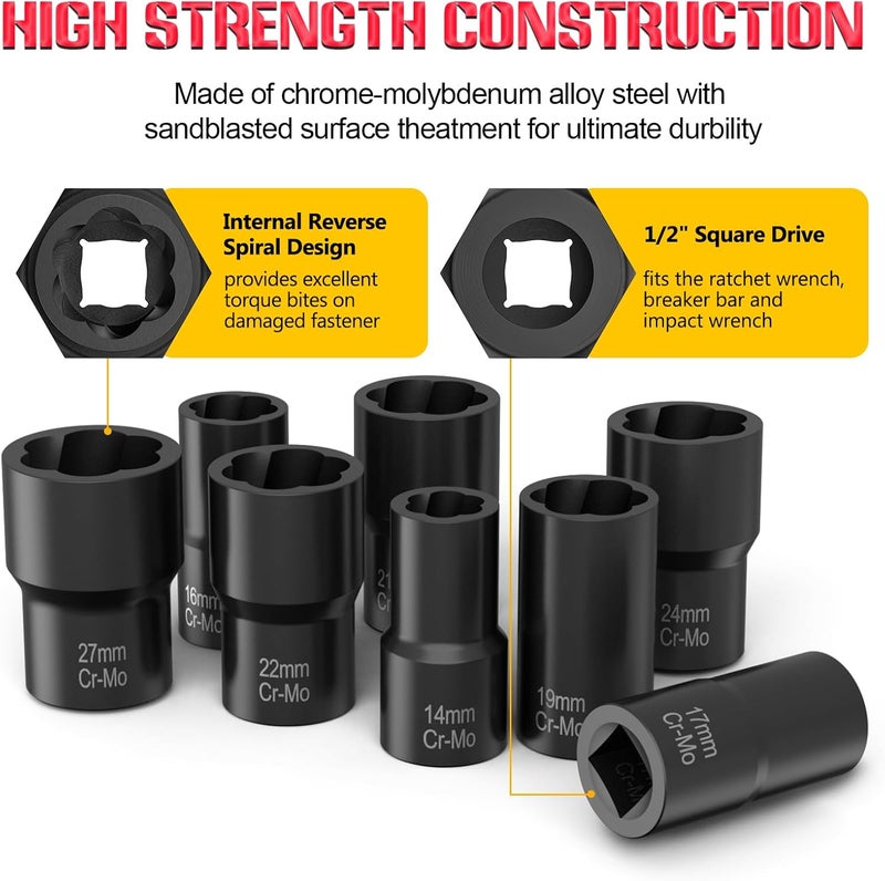 Eapele Bolt Extractor Set, 10 Piece Lug Nut Remover Socket Tool, 1/2" Drive Impact Wheel Lock Removal Kit for Removing Damaged, Frozen, Rusted, Rounded-Off Bolts, Lug Nuts & Screws - Image 2