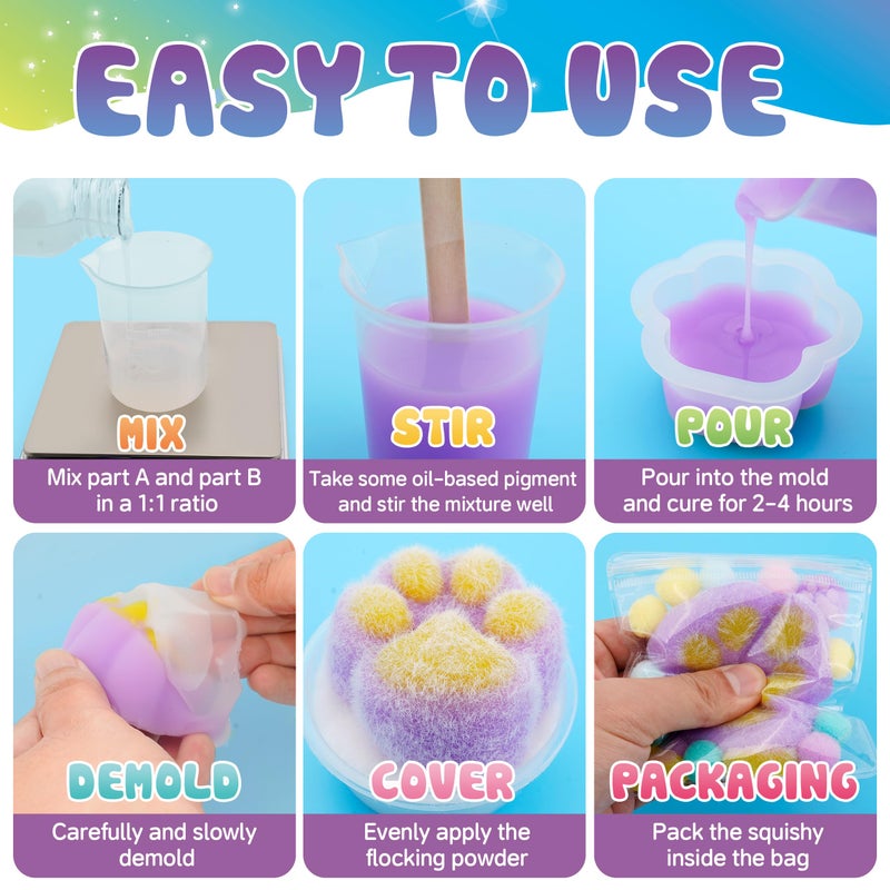 ColoPlay Taba Squishy Kit - 32OZ Bigger Rubber Squishy Kit with Guided, 44 PCS Bubble Free and Faster Fully Cures - FuFu Squishy Kit with Mold, Flocking Powder - Stress Relief Entertainment - Image 3