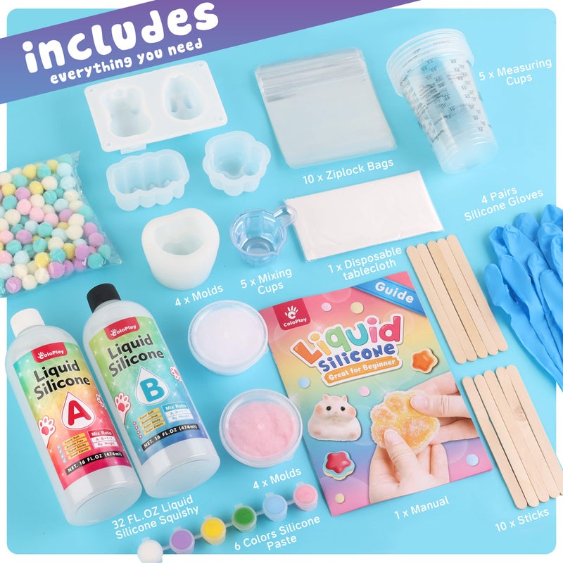ColoPlay Taba Squishy Kit - 32OZ Bigger Rubber Squishy Kit with Guided, 44 PCS Bubble Free and Faster Fully Cures - FuFu Squishy Kit with Mold, Flocking Powder - Stress Relief Entertainment - Image 2